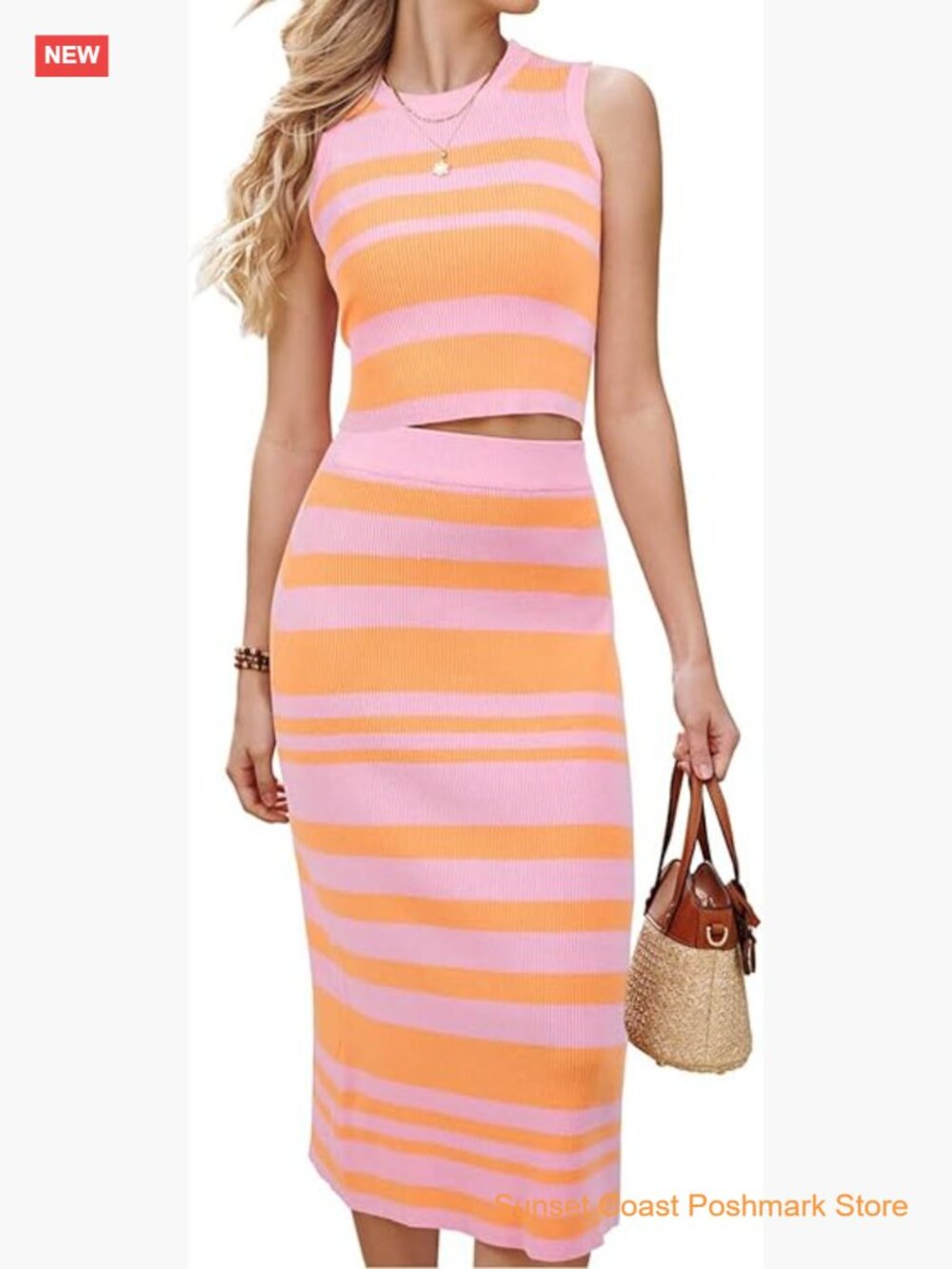 Sleeveless Striped Knit 2 Piece Set Tank Top and Midi Skirt